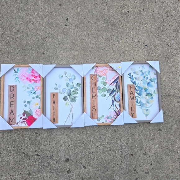 Wall Art Framed Set Of 4. Family, Cherish, Faith, Dream With Floral Acc… - Picture 1 of 9